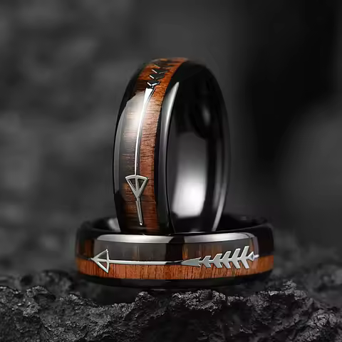 8MM Men's Koa Wood Inlay Stainless Steel Ring Unique Silver Arrow Steel Rings For Gift Luxury Party Wedding Band Jewelry Gift