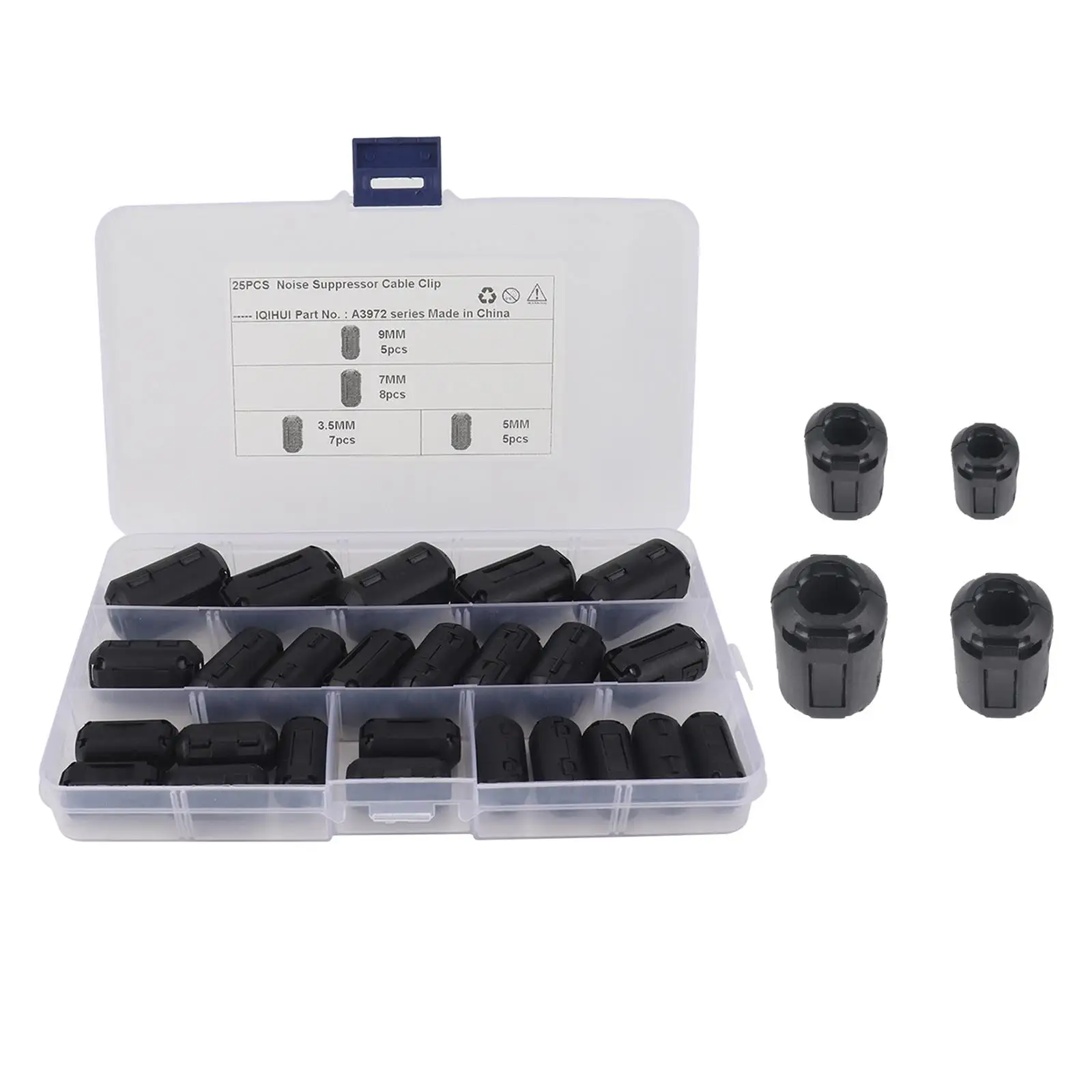 

25x комплект зажимов с ферритовым сердечником Rfi Emi, сердечник фильтра, кольцо с шариком, шумоподавитель для шнуров питания, мыши, 3,5 мм, 5 мм, 7 мм, 9 мм