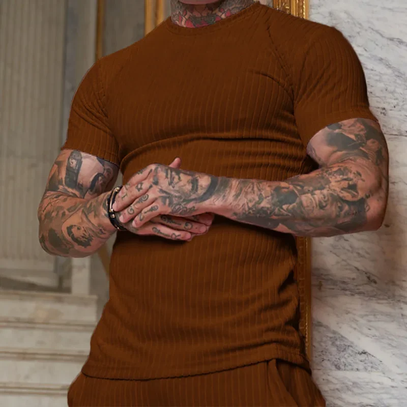 Men's summer comfort tops sports fitness casual stand collar stretch fashion men's vertical strip round neck short-sleeved
