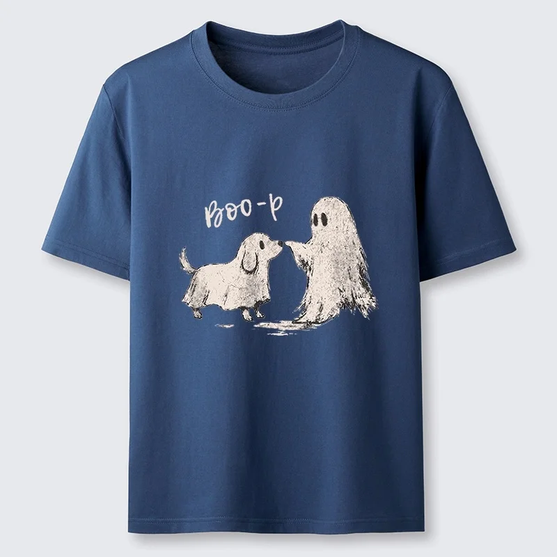 Lustiges und niedliches Geisterhund-T-Shirt mit klassischem Cartoon-Muster aus reiner Baumwolle, für Männer und Frauen im gleichen Stil, locker geschnitten, kurzärmelig, lässig. – Detail 4
