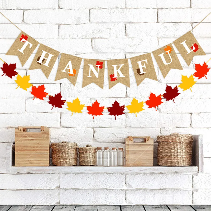 

Autumn Thanksgiving Party Decorations Thankful Burlap Banner Fall Birthday Maple Leafs Hanging Garlands Felt Fall Leaf Streamers