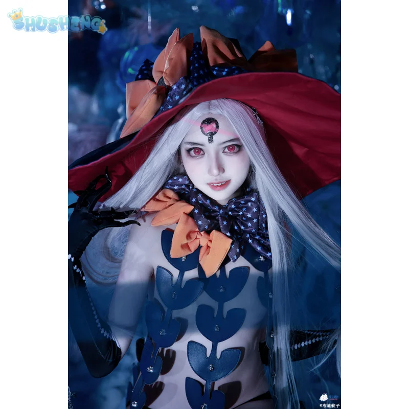 Fgo abigail williams verão cosplay destino/grande pedido fgo traje festa de halloween vestido sexy chapéu luvas meias tatuagem adesivos conjunto