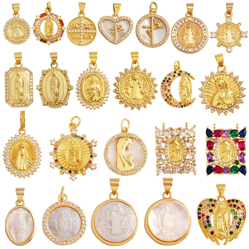 Holy Religious Style Virgin Mary Jesus Geometry Charm Pendant,18K Gold Inlaid  Zirconia Jewelry Necklace Accessories Supply L52