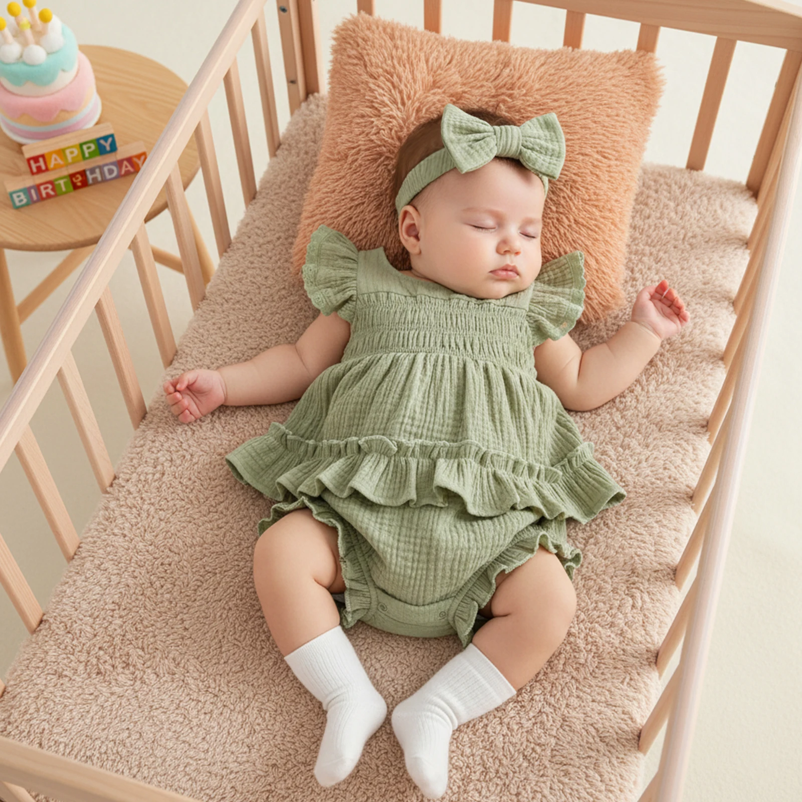 Baby Girls Solid Color Clothes Set Cute Solid Color Flying Sleeve Smocked Tops with Shorts 2Pcs Summer Baby Outfit