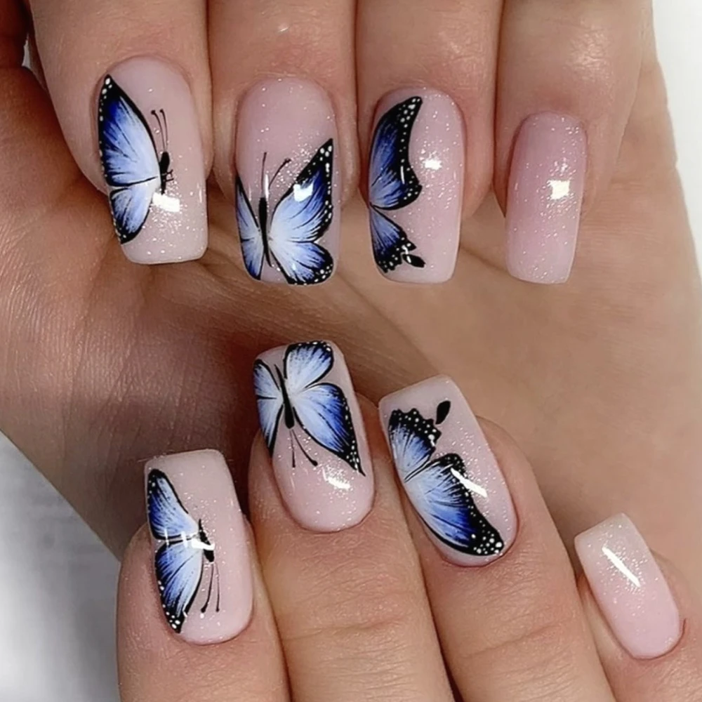 

Blue Black Butterfly Shiny Wearable Nail Art Fashion Long Square False Nails Detachable Finished Fake Nails Press on Nails