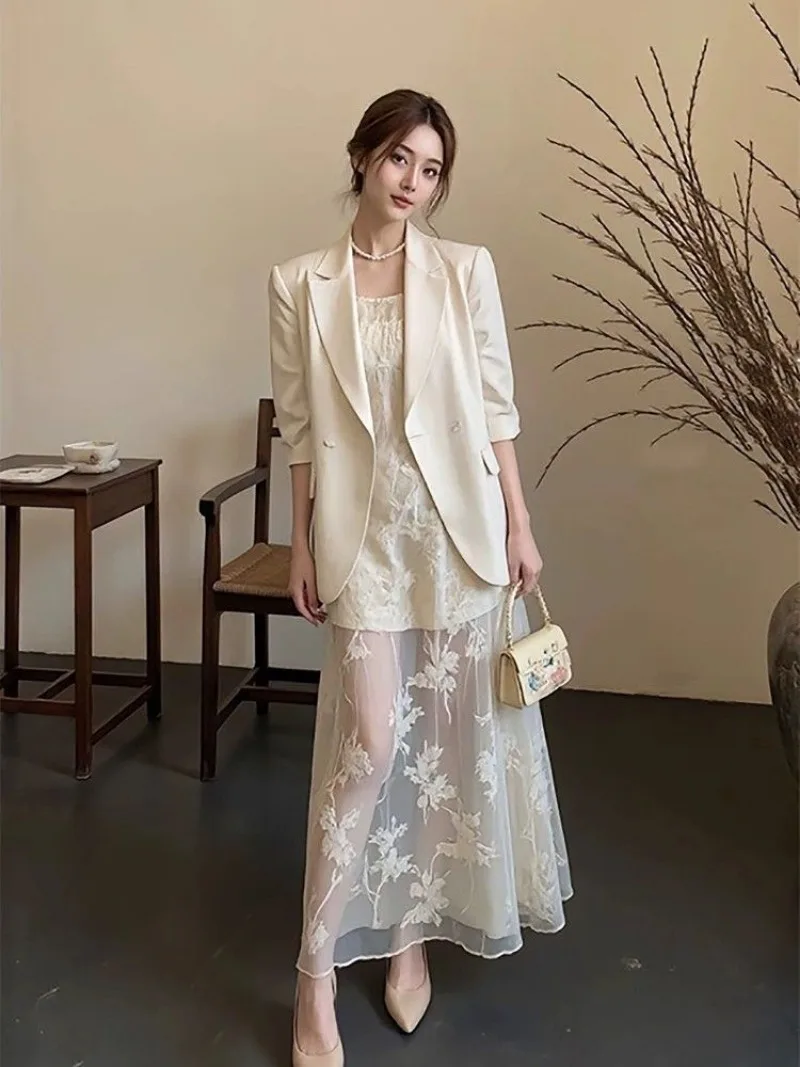 New High End Autumn Dress Set Women Korean Fashion Elegant Slim Long Sleeve Jacket + Lace Patchwork Sling Dresses Two Piece Set view 4
