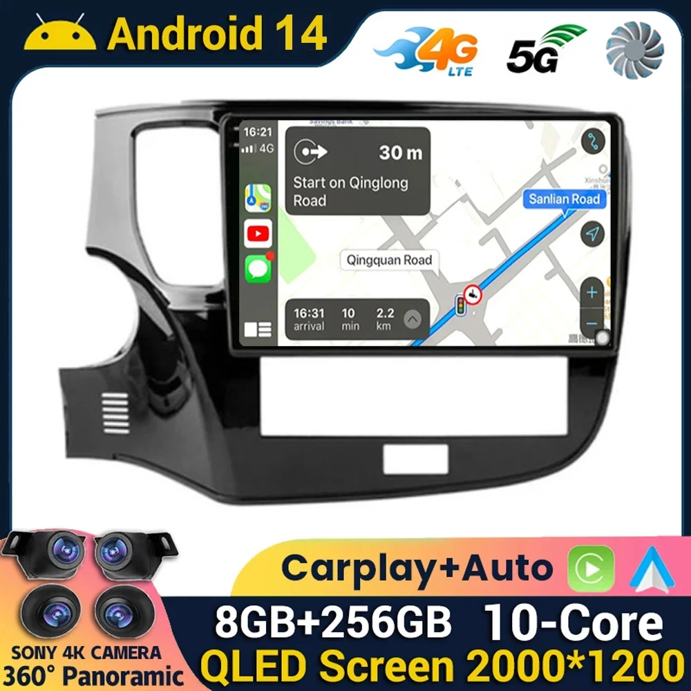 Android 14 CarPlay Auto Car Radio For Mitsubishi Outlander 3 III GF0W GG0W 2018 2019 2020 2021 Multimidia Video Player Stereo 4G