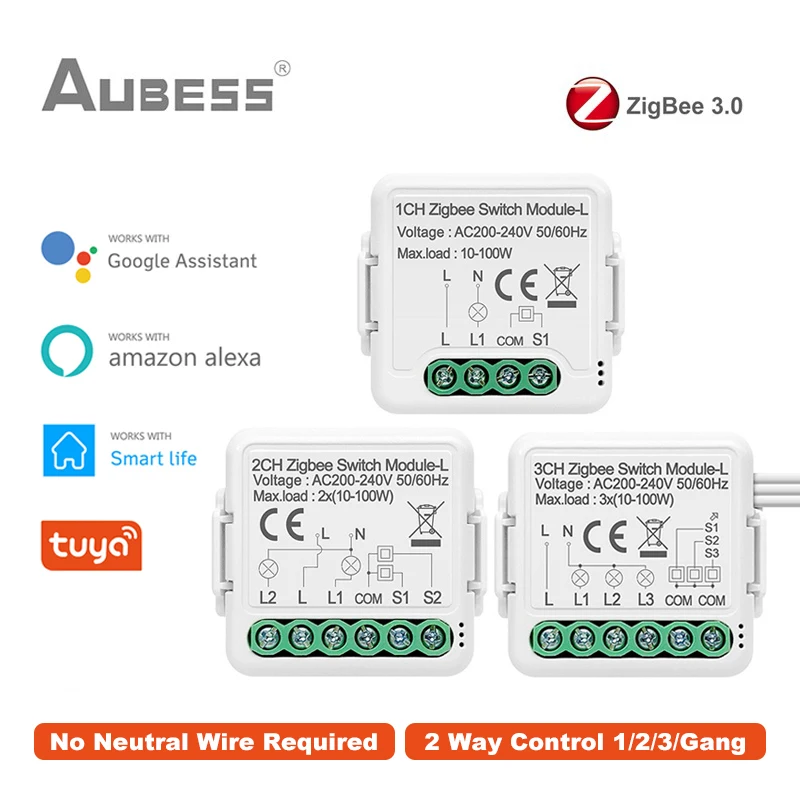 Tuya Zigbee Smart Switch No Neutral Wire Required 1/2/3 Gang Switch Support 2 Way Control Works with Alexa Google Home Alice