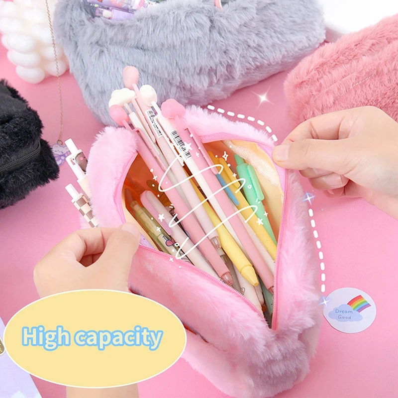 Borsa portapenne in peluche per ragazze cancelleria Kawaii grande capacità 3 tasche astuccio portapenne astuccio per cosmetici