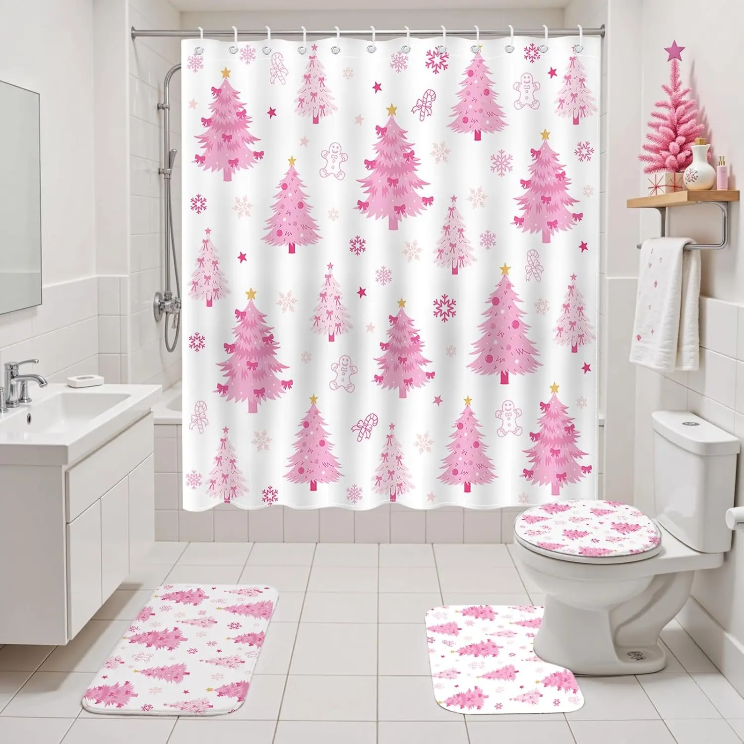 4pcs Set Tirai Kamar Mandi Natal Motif Pohon Natal Pink Lucu dengan Keset Kamar Mandi Anti Selip yang Dapat Dicuci, Penutup Tutup Kloset