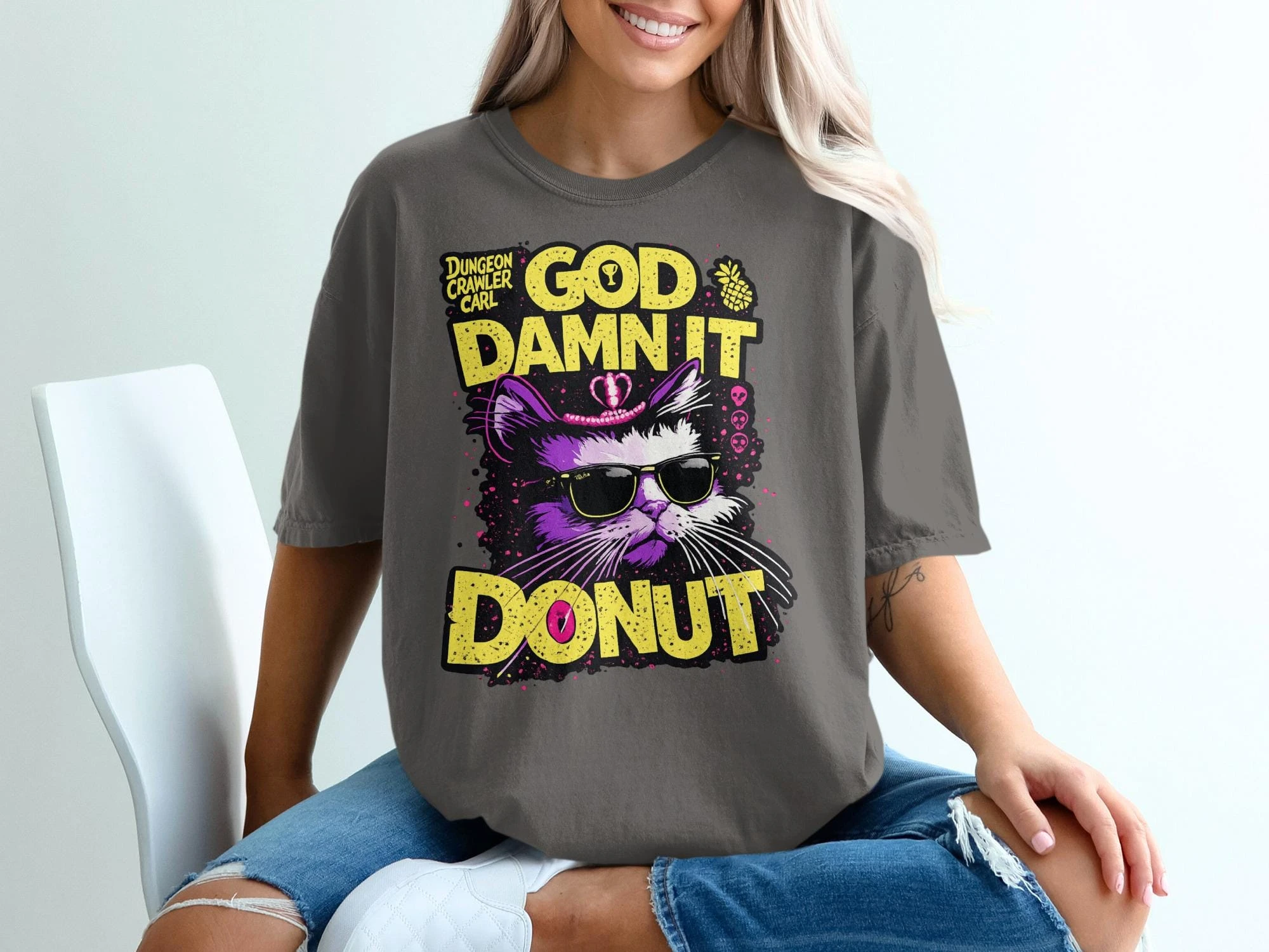 Dungeon Crawler Carl Donut Cat T-Shirt God Damn It Donut Funny Gamer Tee Sarcastic Fantasy Podcast Fan Gift Grunge Shirt