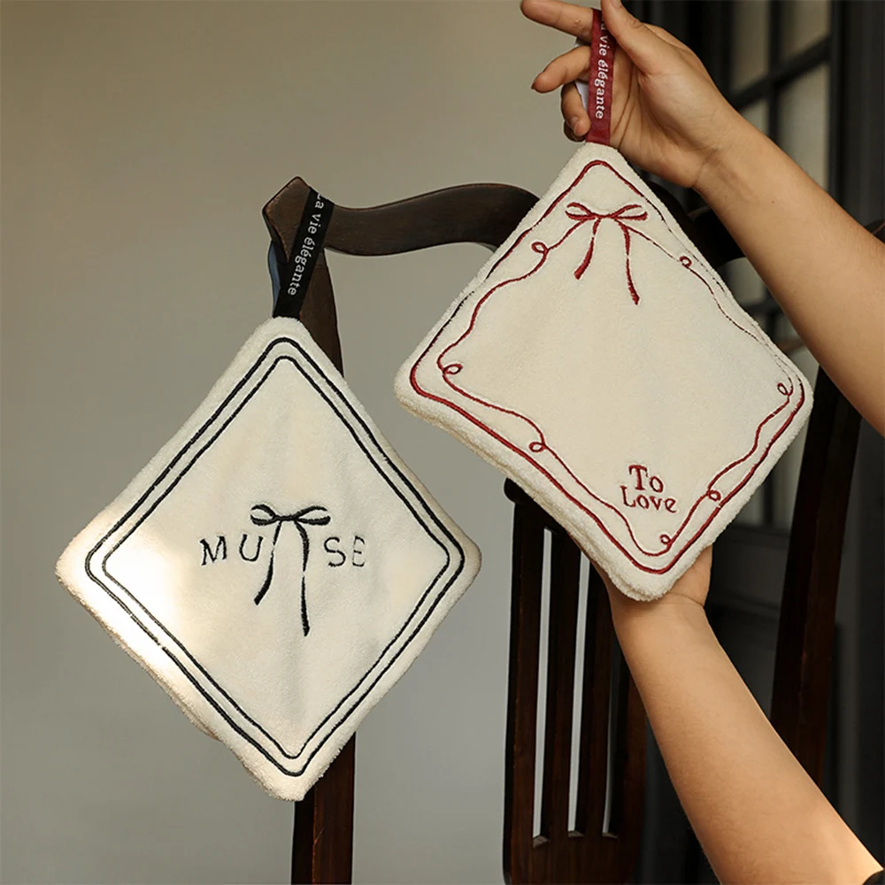 Cute Coral Velvet Bow Tie Embroidery Hanging Hand Towel for Bathroom No-shedding Double-layer Absorbent Quick-dry Kitchen Towel