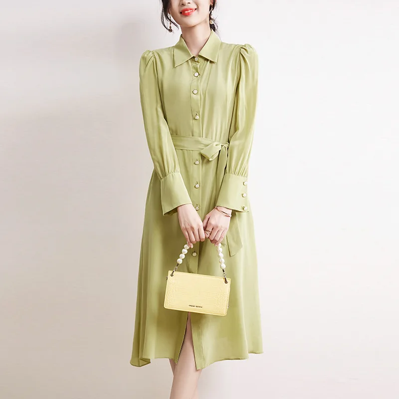 Women's Pure Silk Full Sleeve Midi Dress, Turn-Down Collar, Single Breasted, Slim Waist, 100% Mulberry Silk, Autumn