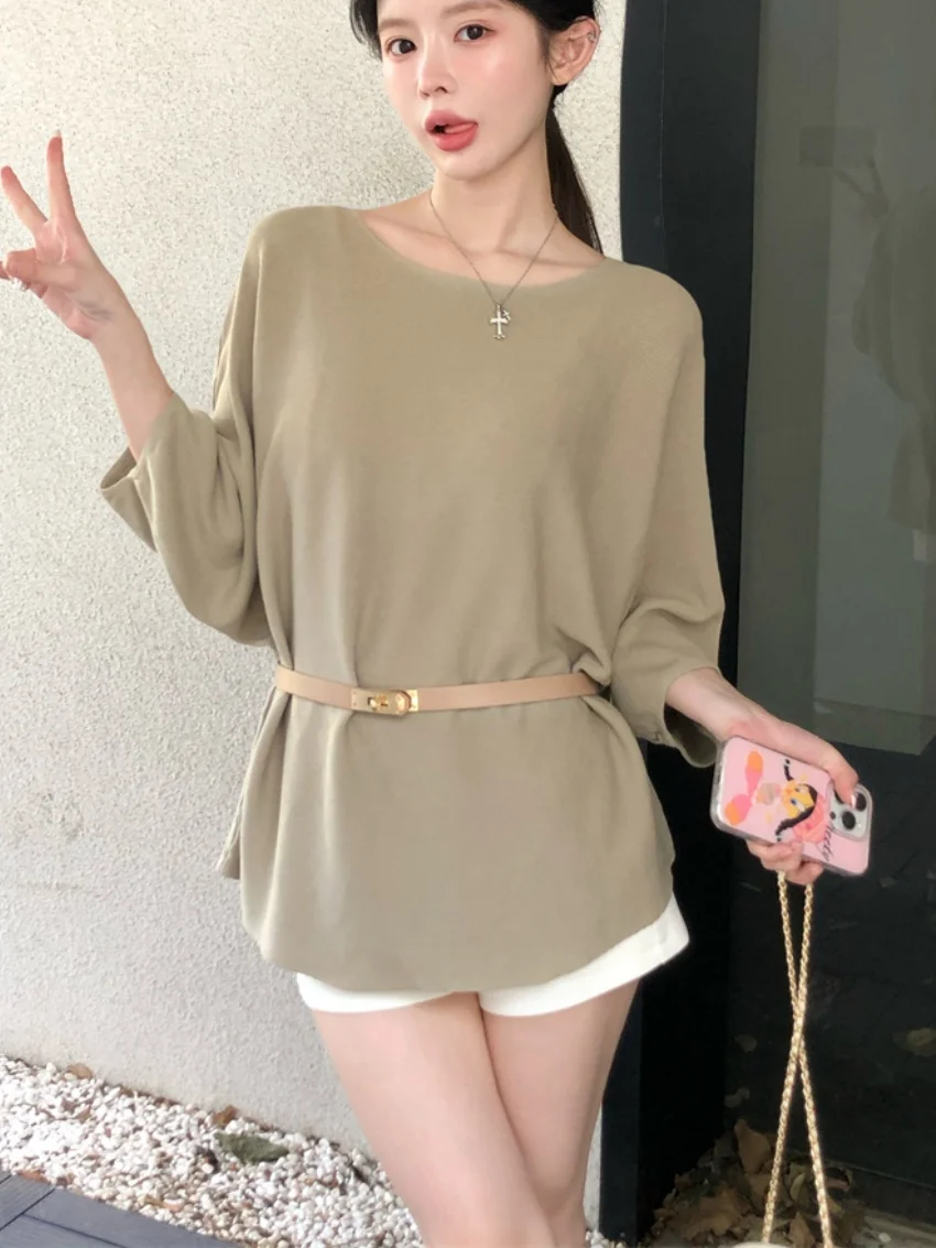 الغريبة كيتي 2025 سترة اليومية تي شيرت المرأة مع وشاحات لطيف جديد البلوفرات الصيف عادية محبوك كم كامل فضفاض تيز #5