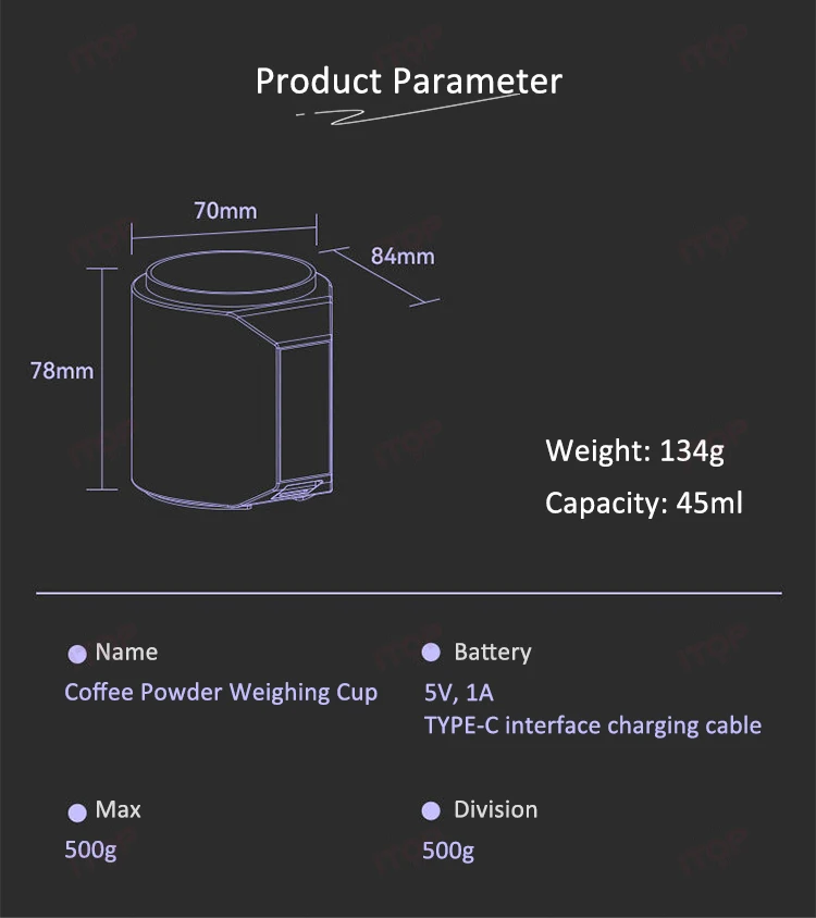 ITOP DCS Powder Scale Coffee Powder Weighing Cup Powder Receptacle with Electronic Scale Coffee Powder Scale Cup Coffee Tool