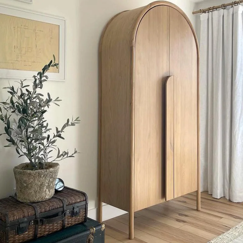 Nordic Simple Solid Wood Double Door Wardrobe Log Color Locker Solid Children's Arched Wardrobe