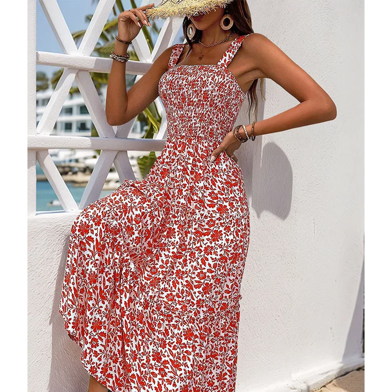 Abito lungo senza maniche estivo da donna sexy Boho Elegante scollo quadrato con stampa floreale Vestito estivo da spiaggia Abiti maxi senza schienale della Boemia