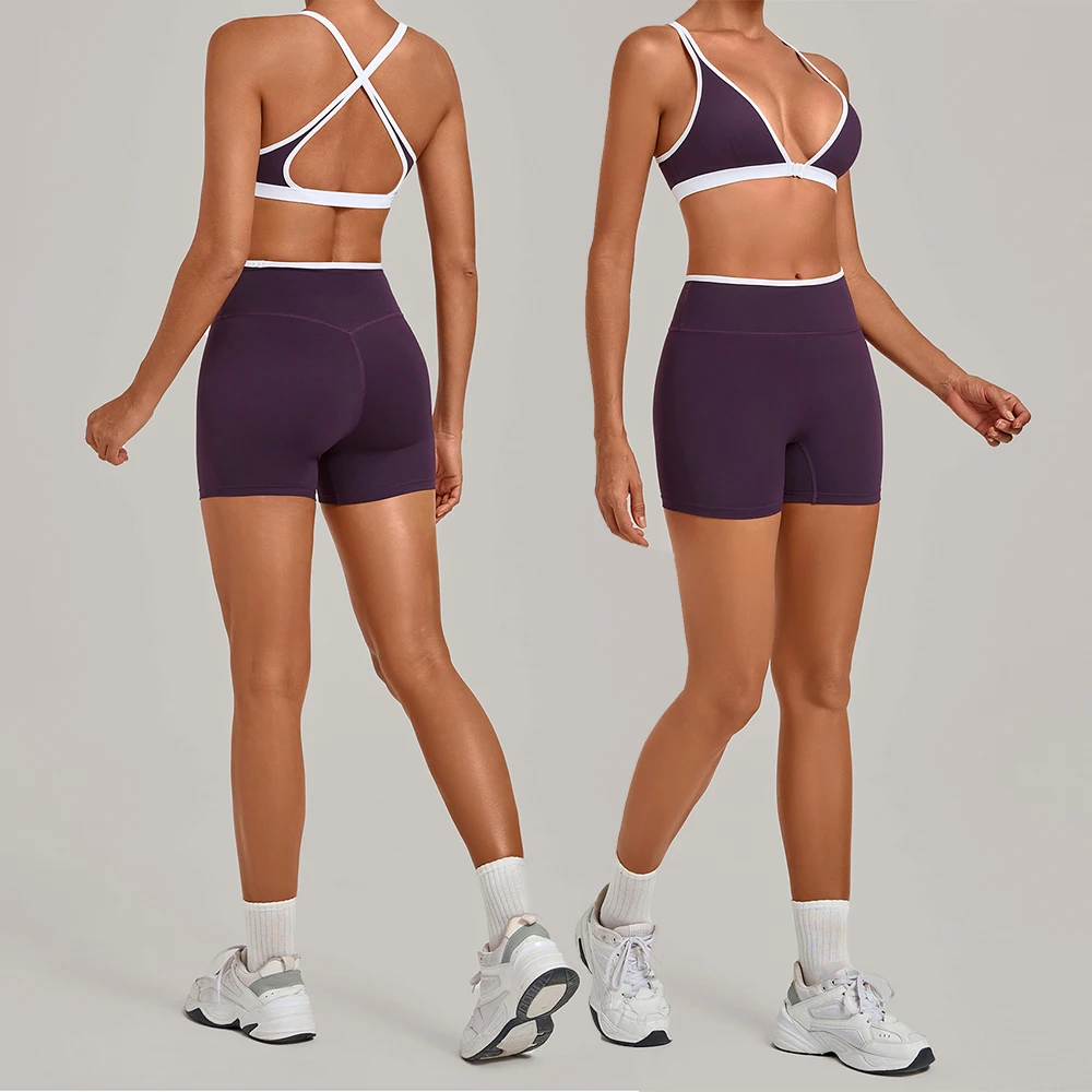 Women 2 Piece Yoga Set Deep V Neck Criss Cross Back Sports Bra High Waist Stretch Biker Shorts Gym Workout Running Fitness Suit