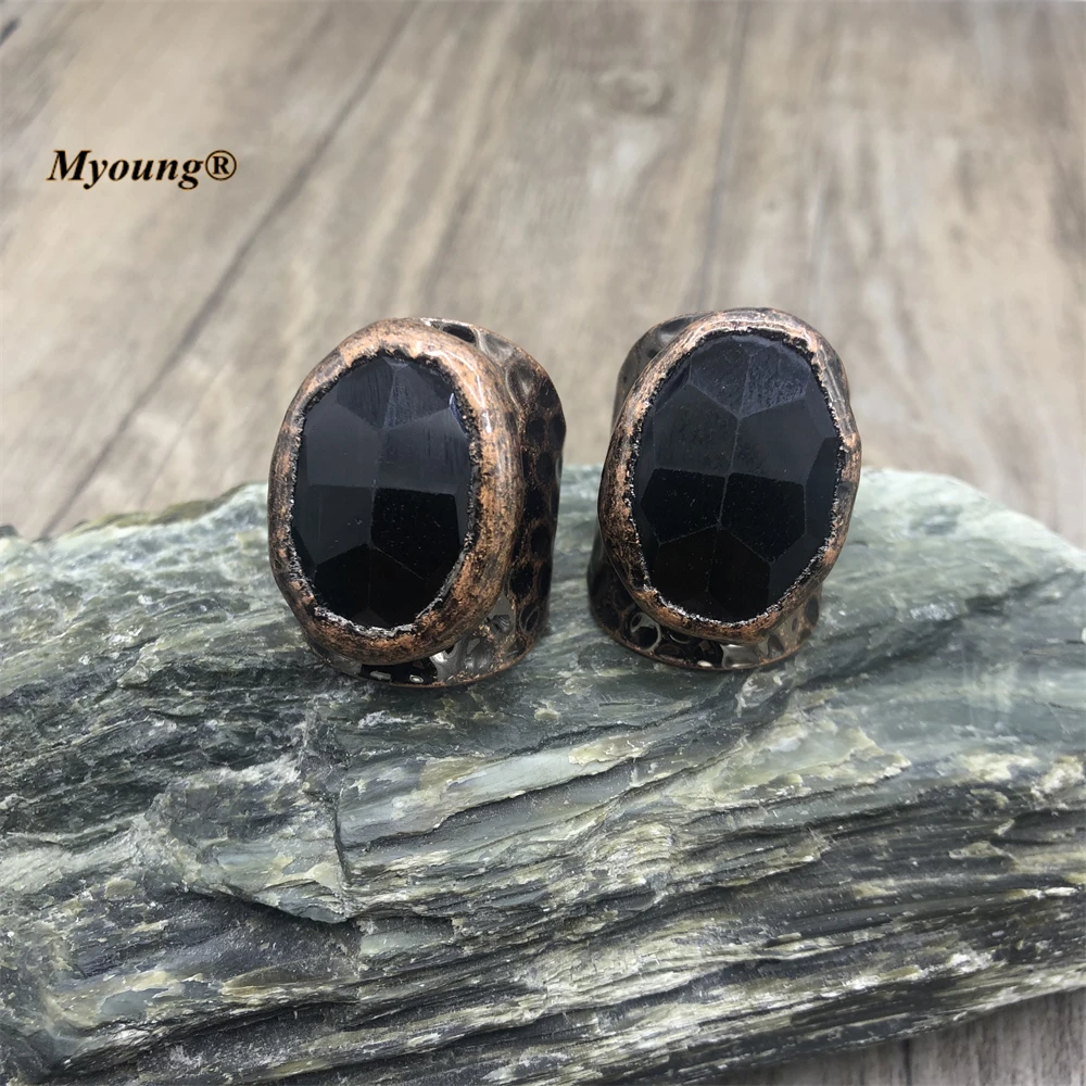 10PCS Boho Gothic Witch Jewelry Large Faeted Oval Shape Natural Black Obsidian Stone Vintage Rings For Women MY220815