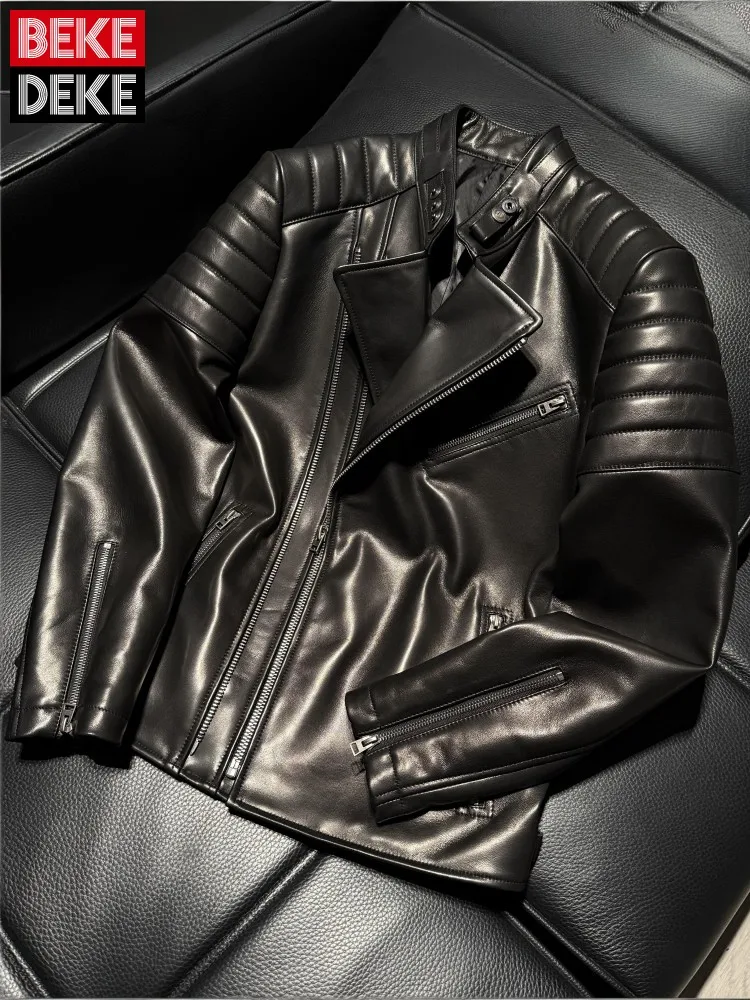 

Leisure Stand Collar Long Sleeves Genuine Leather Jacket Fashion Solid Color Zipper Male Slim Sheepskin Motorcycle Outerwear