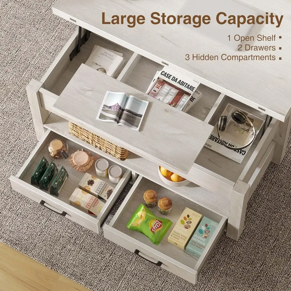 طاولة قهوة متعددة الوظائف قابلة للتحويل مع أدراج وحجرة مخفية، تحويل إلى طاولة الطعام أو غرفة المعيشة، المكتب المنزلي