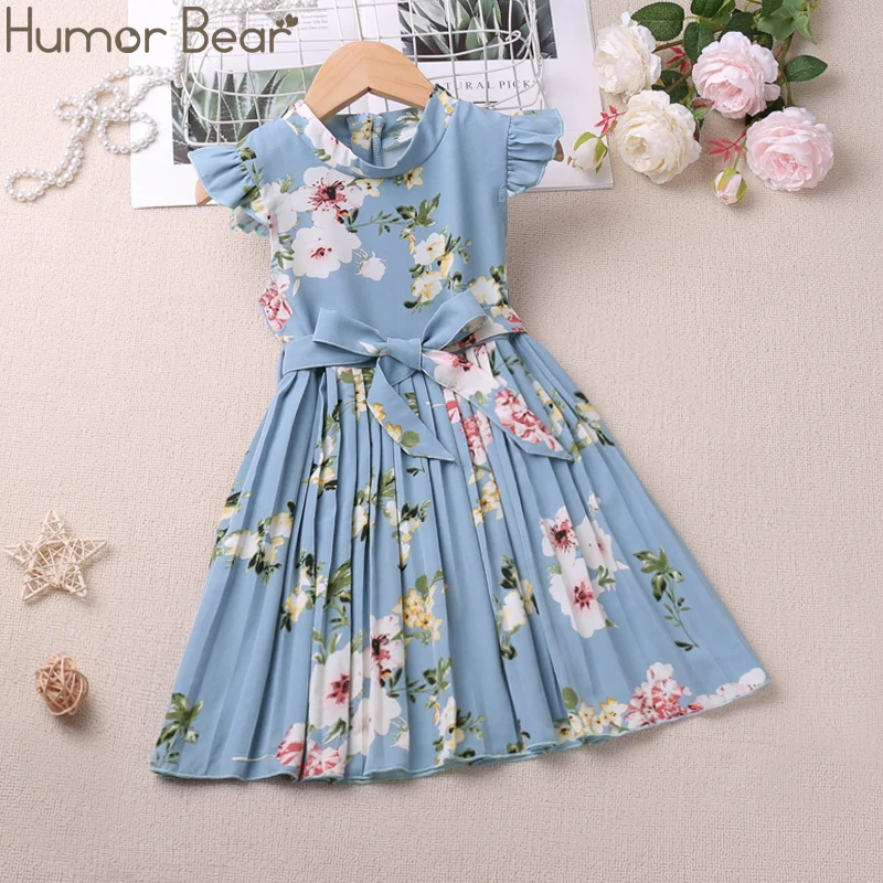 Humor Bear Girls' Summer New Flying Sleeves Round Neck Printed Gentle Princess Dress Cute Children's Clothing For 2-6Y