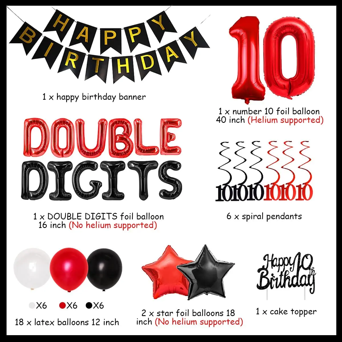 JOYMEMO Red and Black Double Digits 10th Birthday Decorations Number 10 Foil Balloons for Boys 10 Years Old Birthday Party Decor