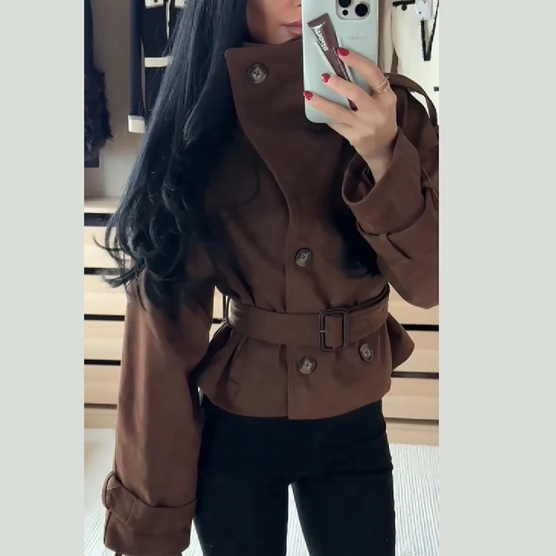 Vintage Women's Woolen Blend Coat Solid Stand Collar Double Breasted Street Jacket With Belt 2026 New Autumn Slim Fit Outwears