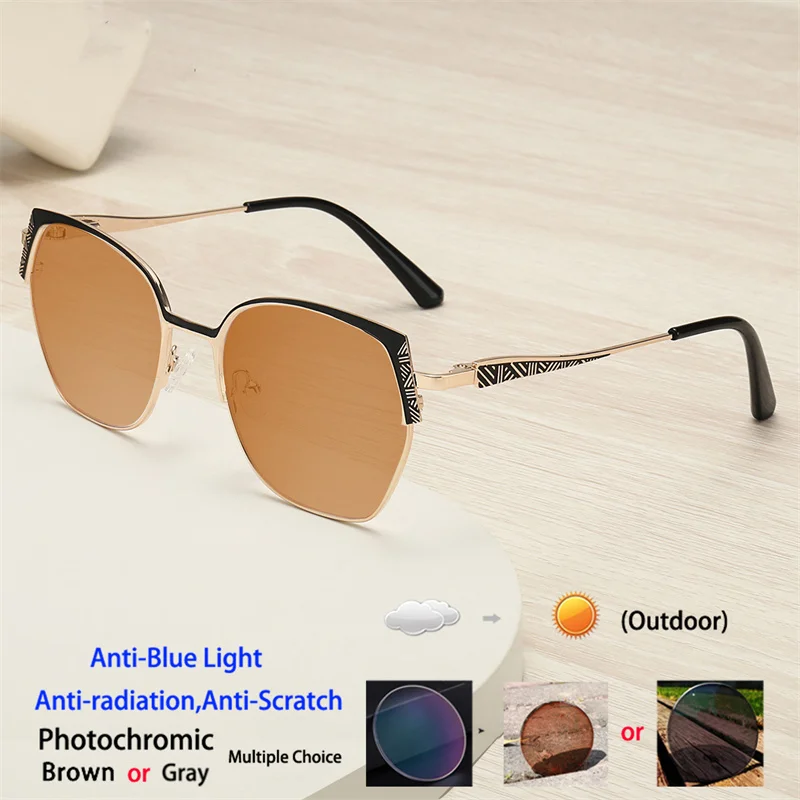 Fashion Brand Design Eyebrows Alloy Frame Photochromic Amblyopia Anti Blue Ray Women Sunglasses Hyperopia Prescription Glasses - Image 3