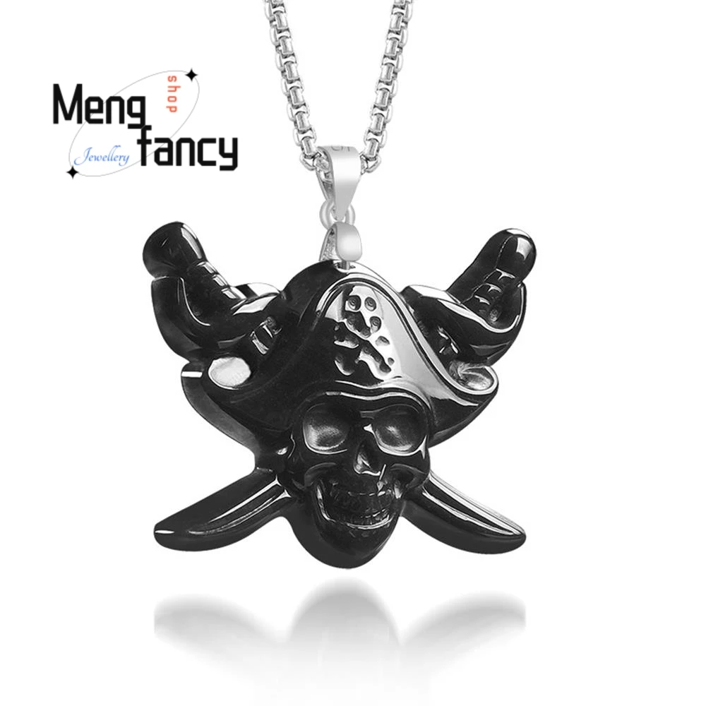 

Natural Type A Jadeite Black Jade Pirate Skull Pendant S925 Silver Buckle Personalized High-grade Fashion Jewelry Holiday Gifts