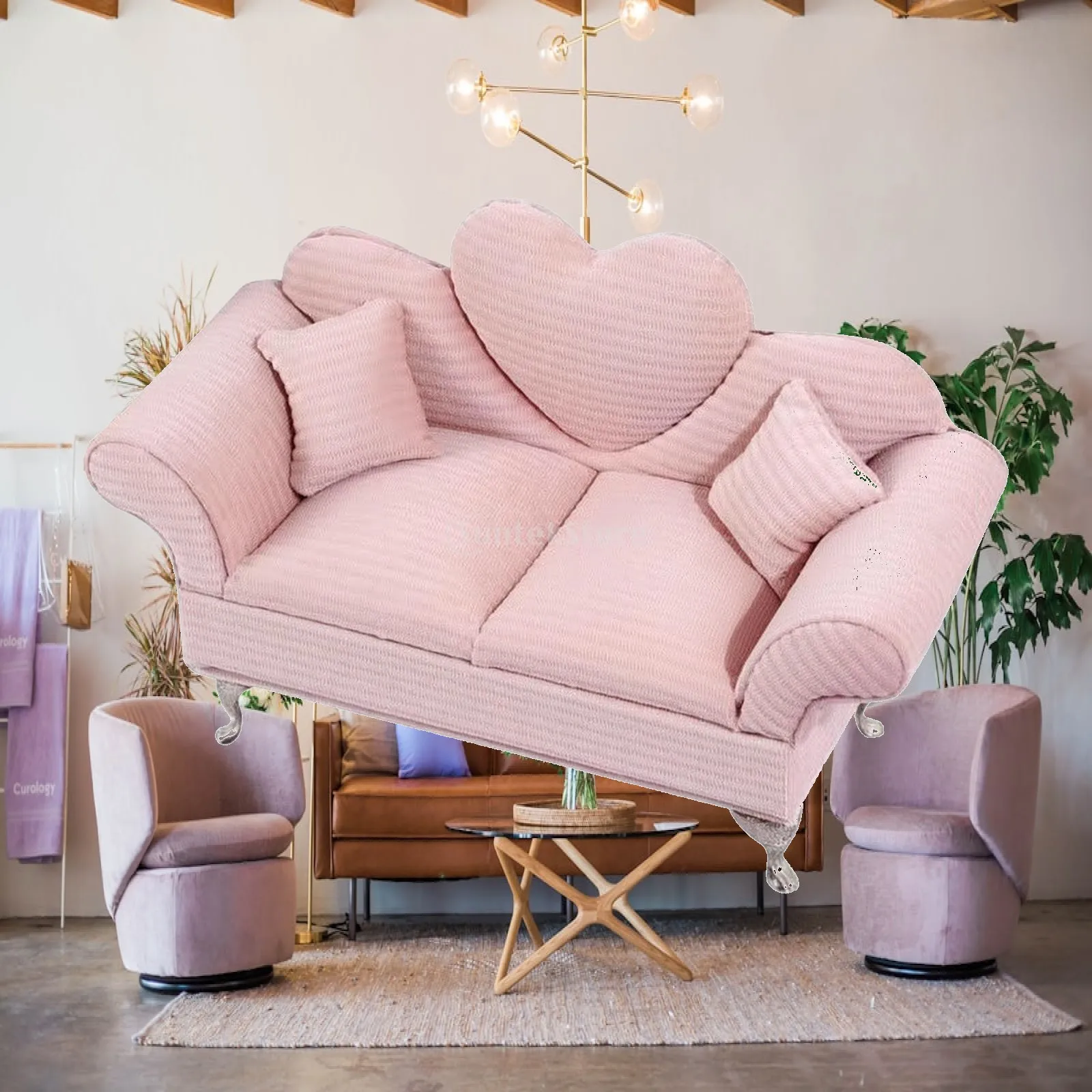 Soft Miniature Two-Seat Sofa | Decorative Metal Feet, Heart-Back Doll Sofa, for Photography Props