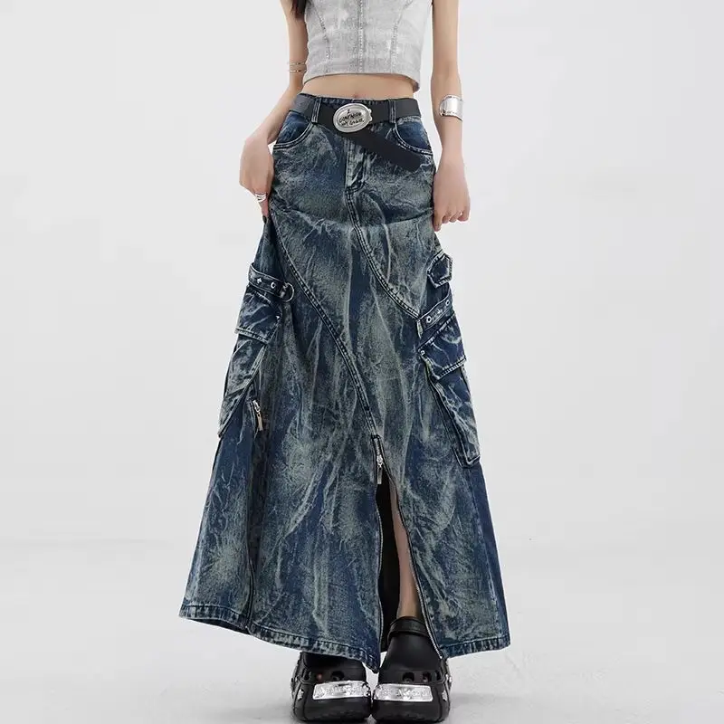 Edgy Punk Acid Wash Denim Cargo Skirt High Waist Multi-pocket Zipper Split Maxi Skirt Alternative Fashion Y2k Streetwear Outfits