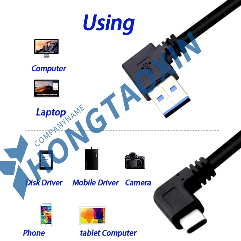 USB3.0 TYPE C USB 2.0 Data Cable Right Angle 90 Degree Dual Bend Head 3A Charging Cable for Xiaomi Huawei Phones Hight Speed