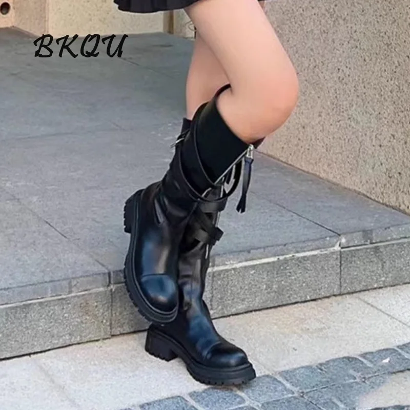 BKQU-Bottes au genou punk pour femmes, printemps et automne, nouvelle tendance, ceinture, semelle strucoptique, motard, haute couture, 2024