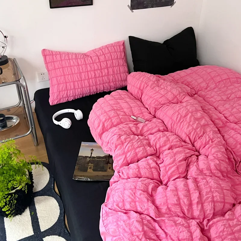Ins Style Super Soft Solid Bedding Set Japanese Seersucker Clouds Bedclothes for Four Seasons Queen Single Size Home Decoration