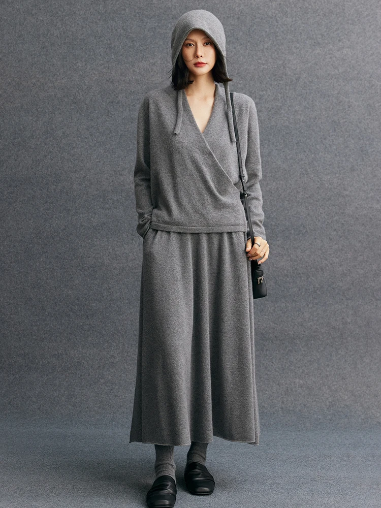 

CHICUU Women 100% Cashmere V-neck Pullover Skirt Set A-line Skirt Autumn Winter Office Lady Cashmere Knitwear Sweater Skirt
