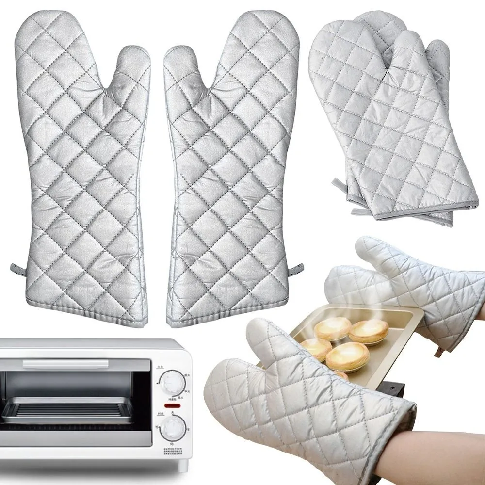 Professional Cotton Lining Oven Mitts 1 Pair Silver Oven Glove Extra Long Kitchen Gloves Cooking