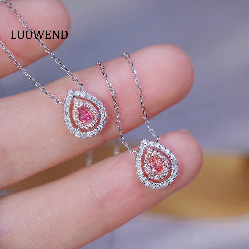 LUOWEND 100% 18K White Gold Necklace Romantic Style Real Natural Pink Diamond Pendant Necklace for Women High Wedding Jewelry