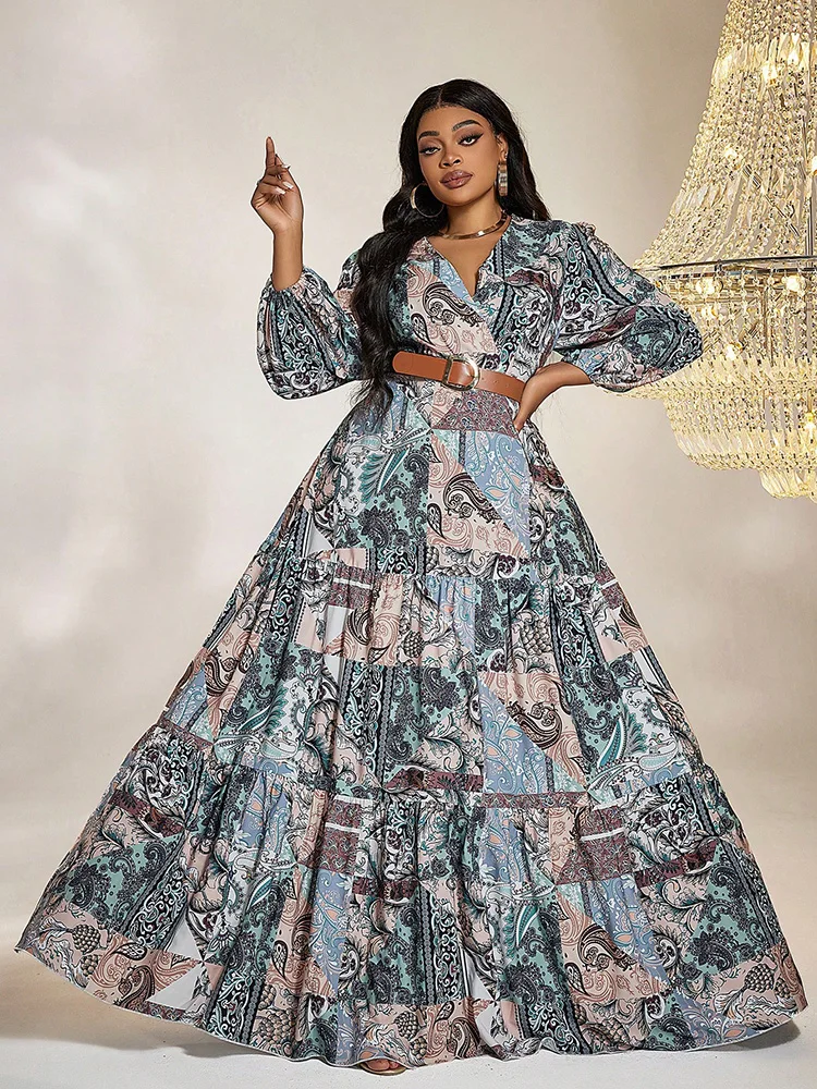 TOLEEN- Vestido de talla grande con estampado de almazuela para mujer, manga acampanada, dobladillo con volantes, moda bohemia, vestidos largos elegantes con cinturón