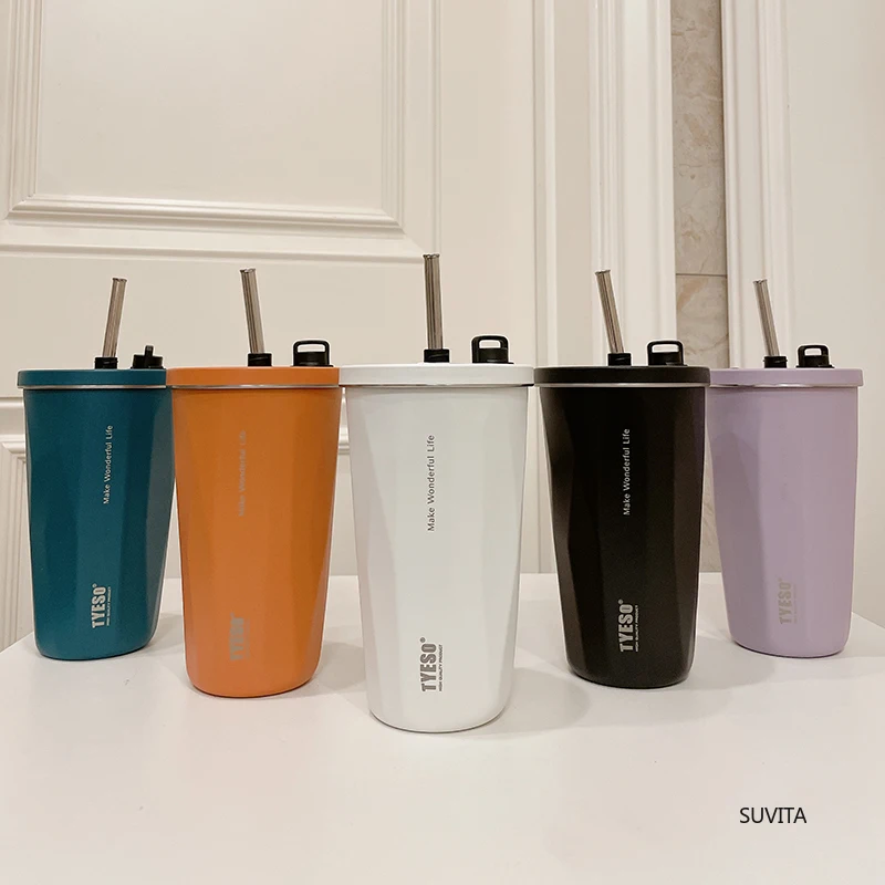 

TYESO 600ML Stainless Steel Thermos Water Bottle Vacuum Flask With Retractable Straw Cold Hot Drink Car Thermos Mug Tumbler
