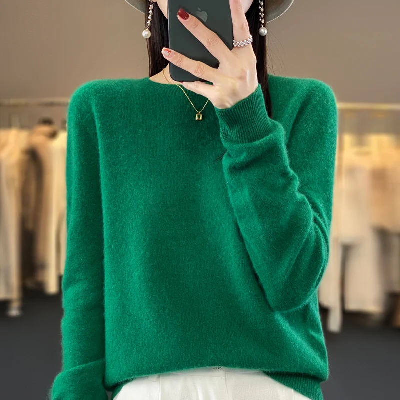 100% Merino Wool Sweater Women O-neck Cashmere Knitwear Female Pullover Autumn Winter Casual Tops Solid Color Soft  Clothing