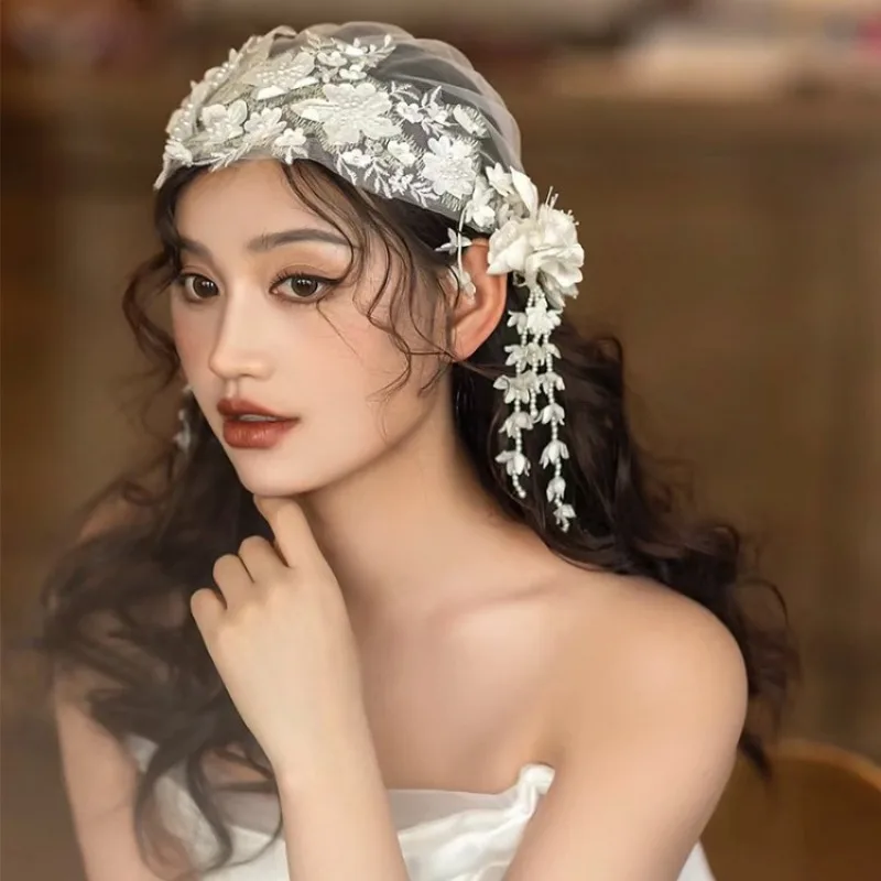 New Pearl Flower Sweet Bridal Lace Fringed Headgear Wedding Headgear Accessories