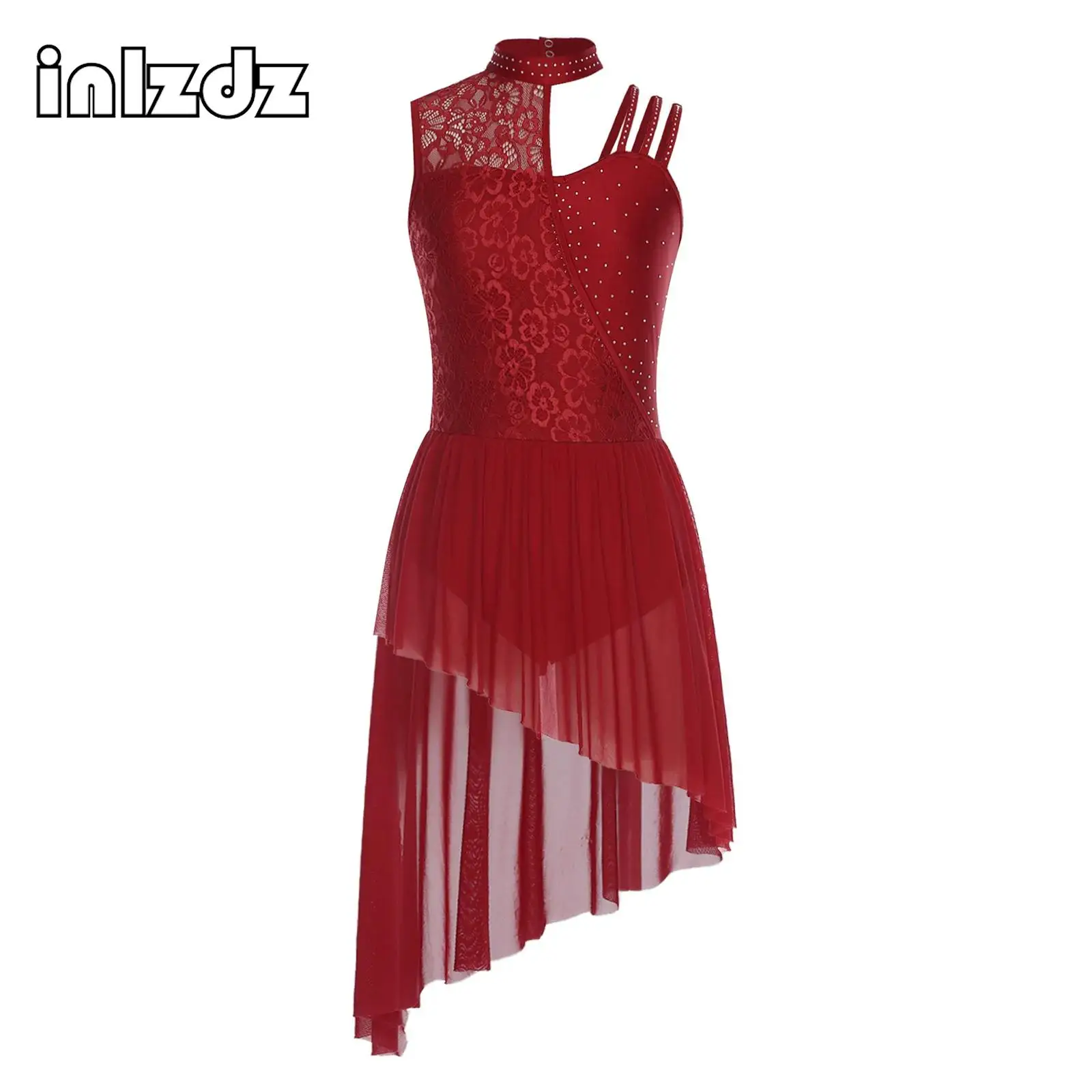 

Womens Floral Lace Lyrical Modern Dance Dress Asymmetrical Leotard Dress for Gymnastics Ballet Waltz Latin Dance Performance