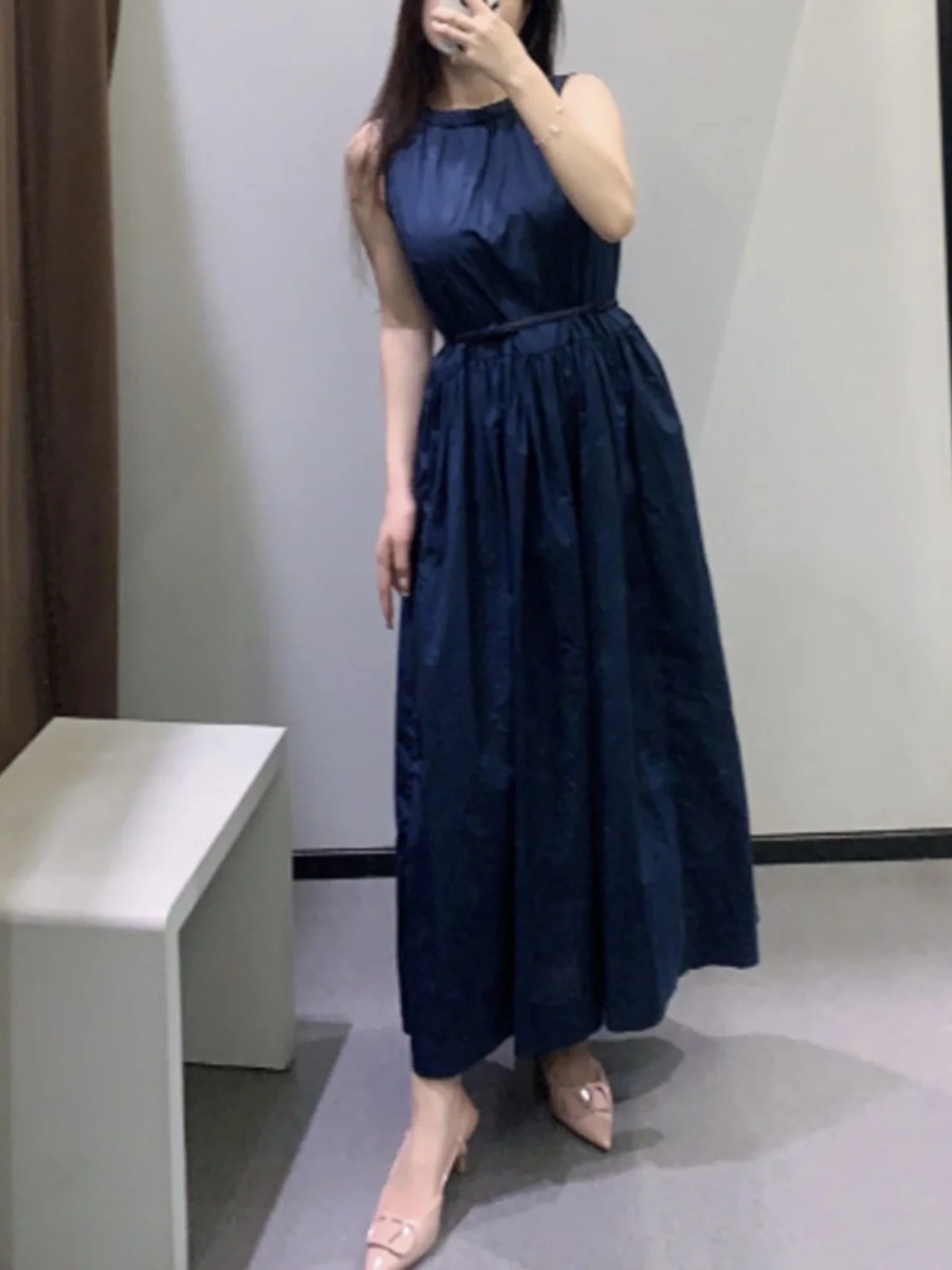 

Retro mat Cotton Silk Svel round Ne Gored Waist Belted Skirt Dr Ele A-Line Single Piece Autumn Wear