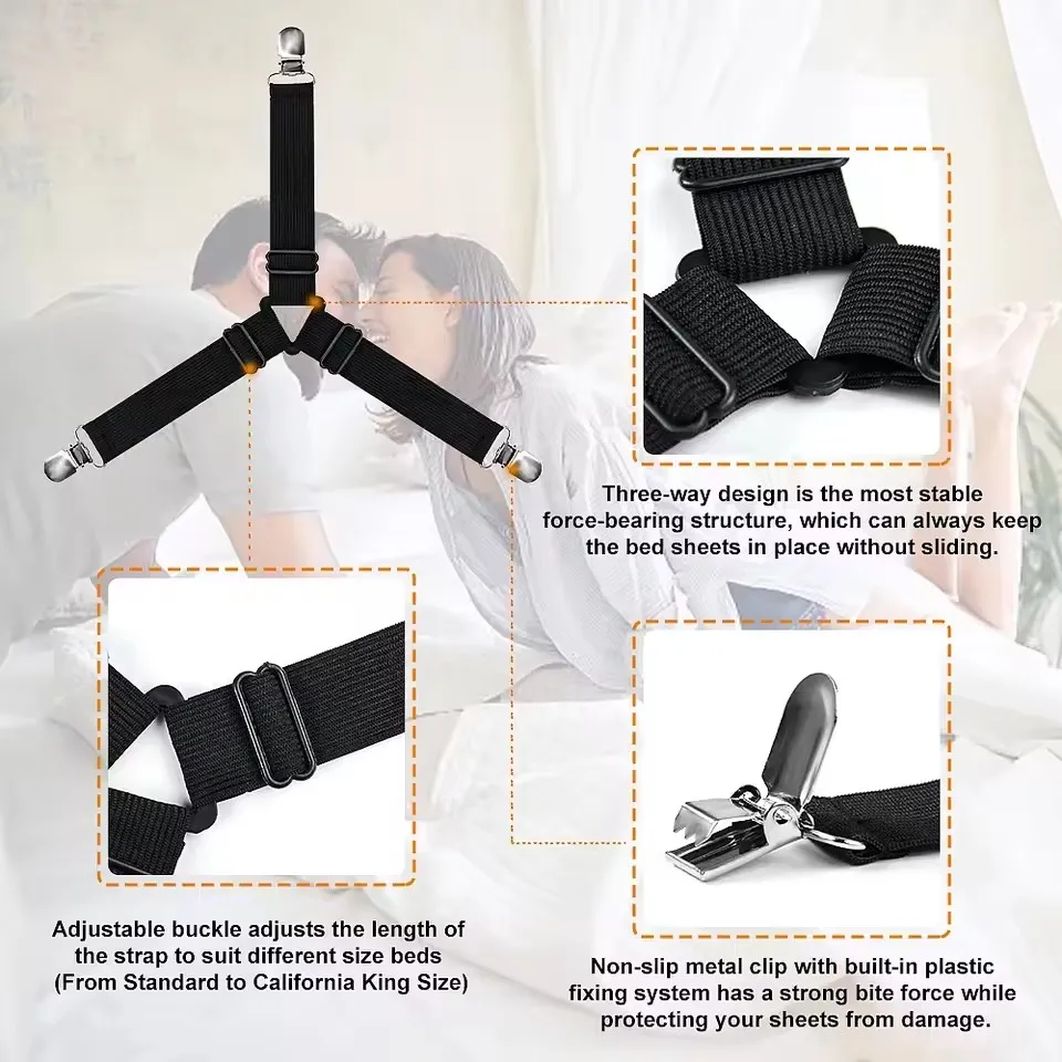 4 Teile/satz Elastische Bettlaken Greifer Drei Kopf Clips Greifer Halter Hosenträger Bettlaken Befestigungen Hause Textilien Organisieren Gadget – Detail 3