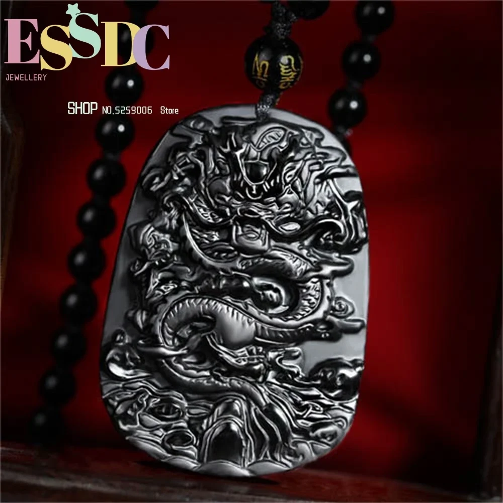 حجر السج الأسود الطبيعي قلادة على شكل تنين الخرز قلادة موضة سحر المجوهرات منحوتة باليد محظوظ تميمة هدايا لها النساء الرجال