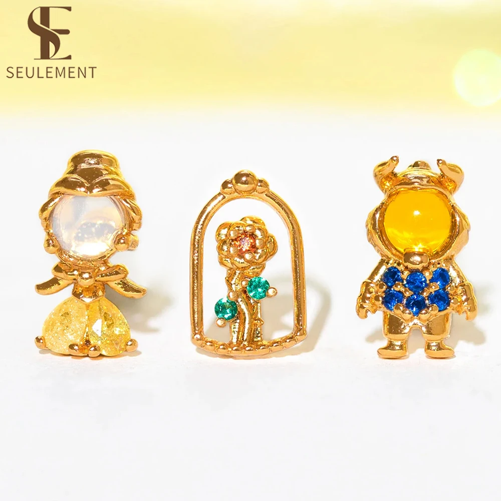 Seulement 3Pcs Set Hypoallergenic Beauty and The Beast Earrings for Women Charm Rose Princess Party Jewelry Set