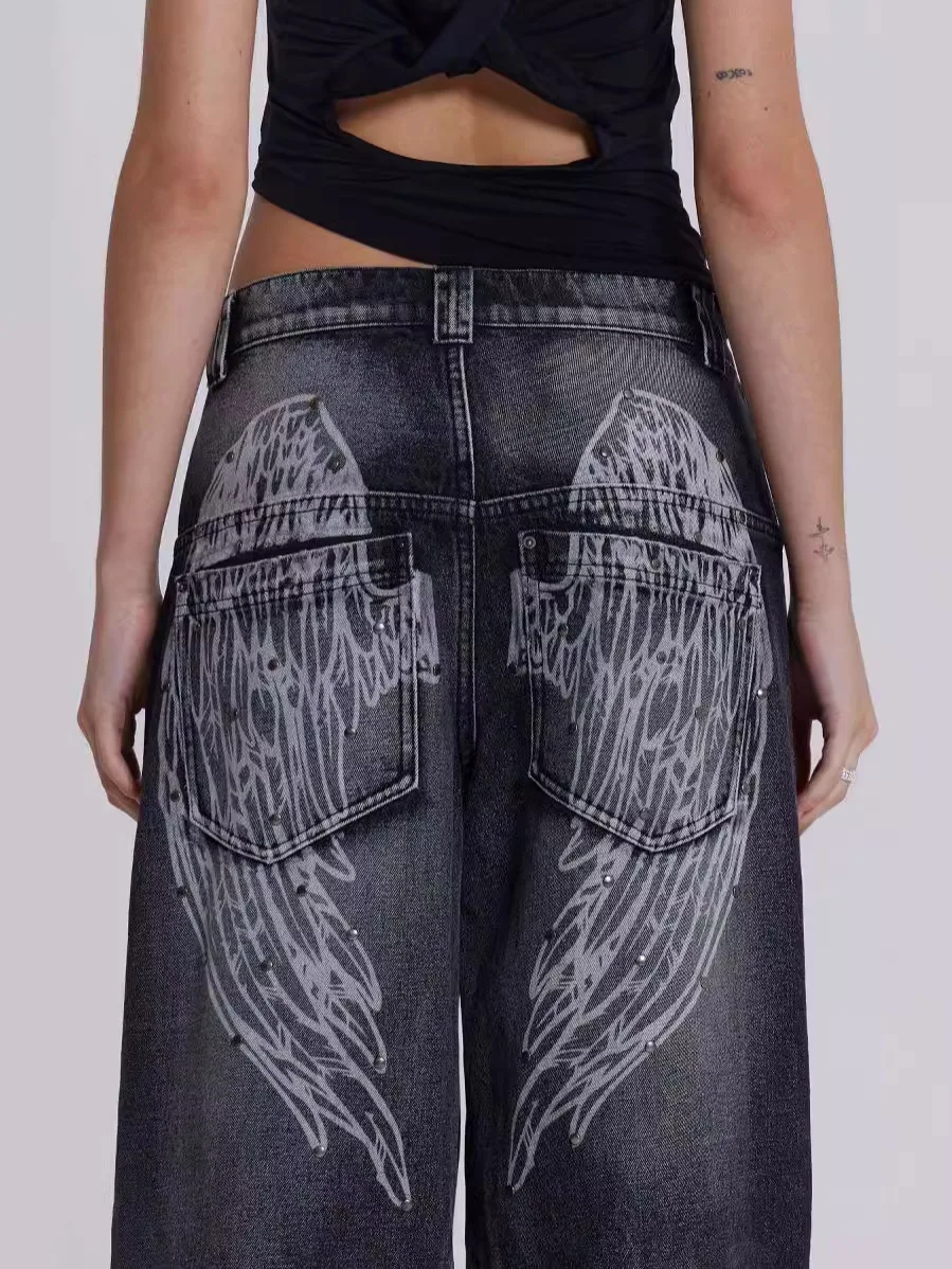 Women Y2K Baggy Jeans Harajuku Gothic Wide Pants Streetwear Retro Hip-hop Angel wings Print Pattern Overszied Denim Pants