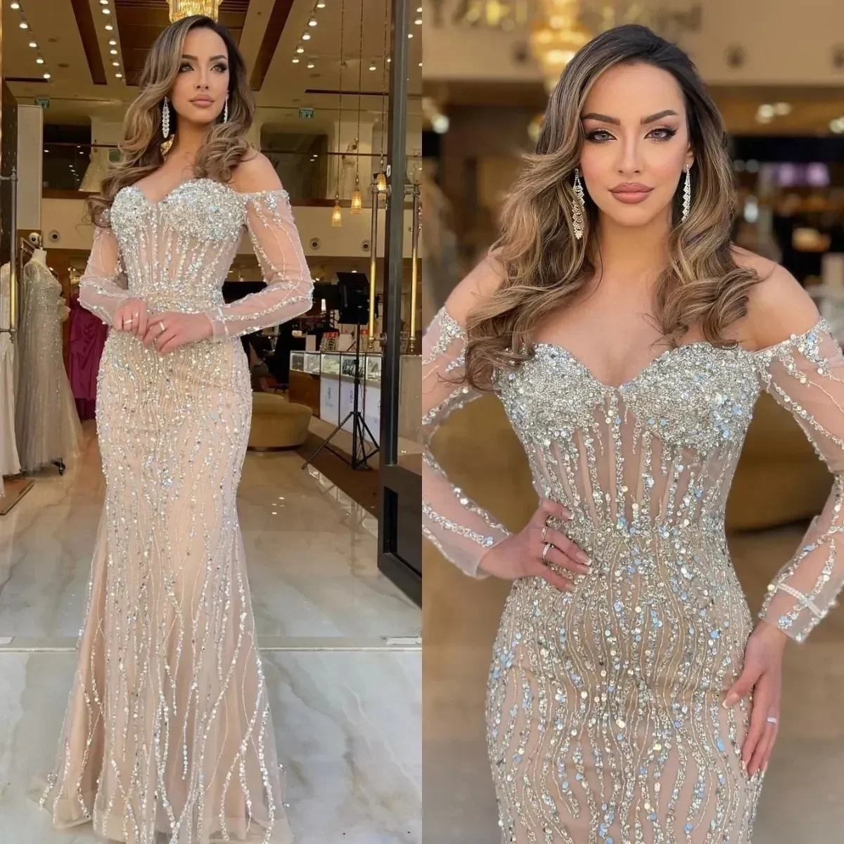 Champagne Off Shoulder Mermaid Evening Dresses Dubai Beading Formal Party Gowns Pleats Long Sleeves Prom Dresses Customized