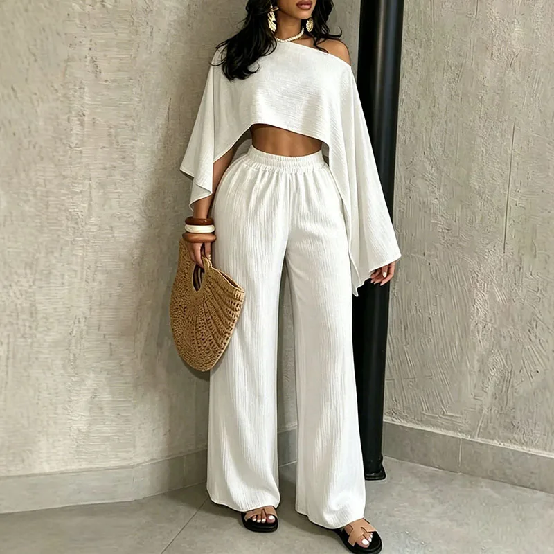 Ladies Diagonal Collar Long Sleeved Top & Pants Commuting Set Spring Summer Off Shoulder Vacation Outfit Casual Loose Daily Suit